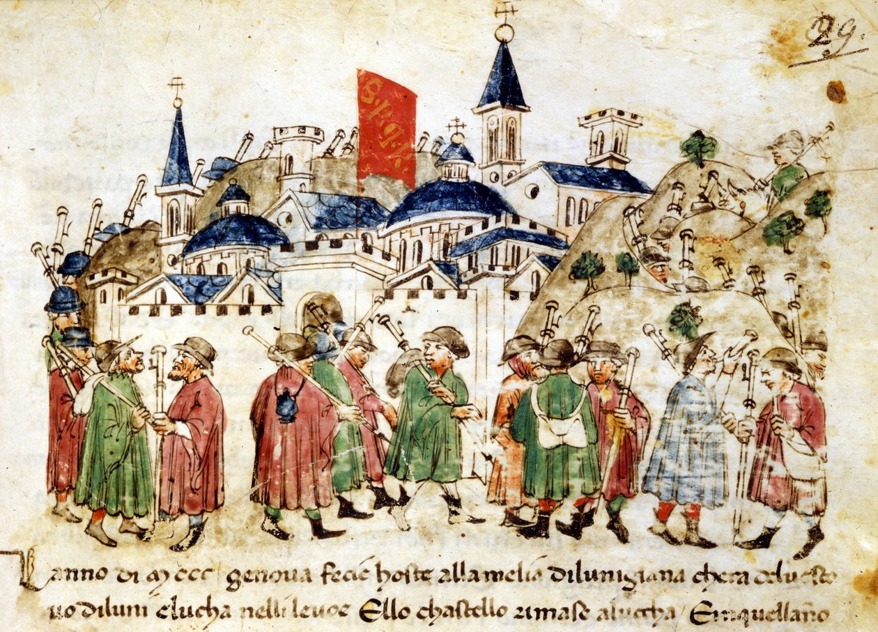Pèlerins en voyage arrivant à Rome. 14ème siècle. Chroniques Sercambi. Lucques, Archives nationales. - Unknown artist