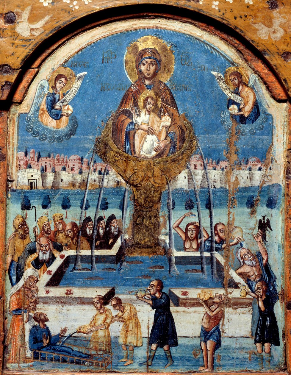 Triptyque de la Vierge, source de vie. La Vierge couronne au-dessus d