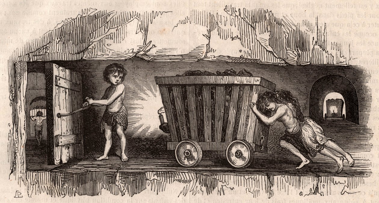 Deux enfants poussant un chariot dans une mine de charbon anglaise, un troisième, le Trapper, ouvre une porte - Unknown