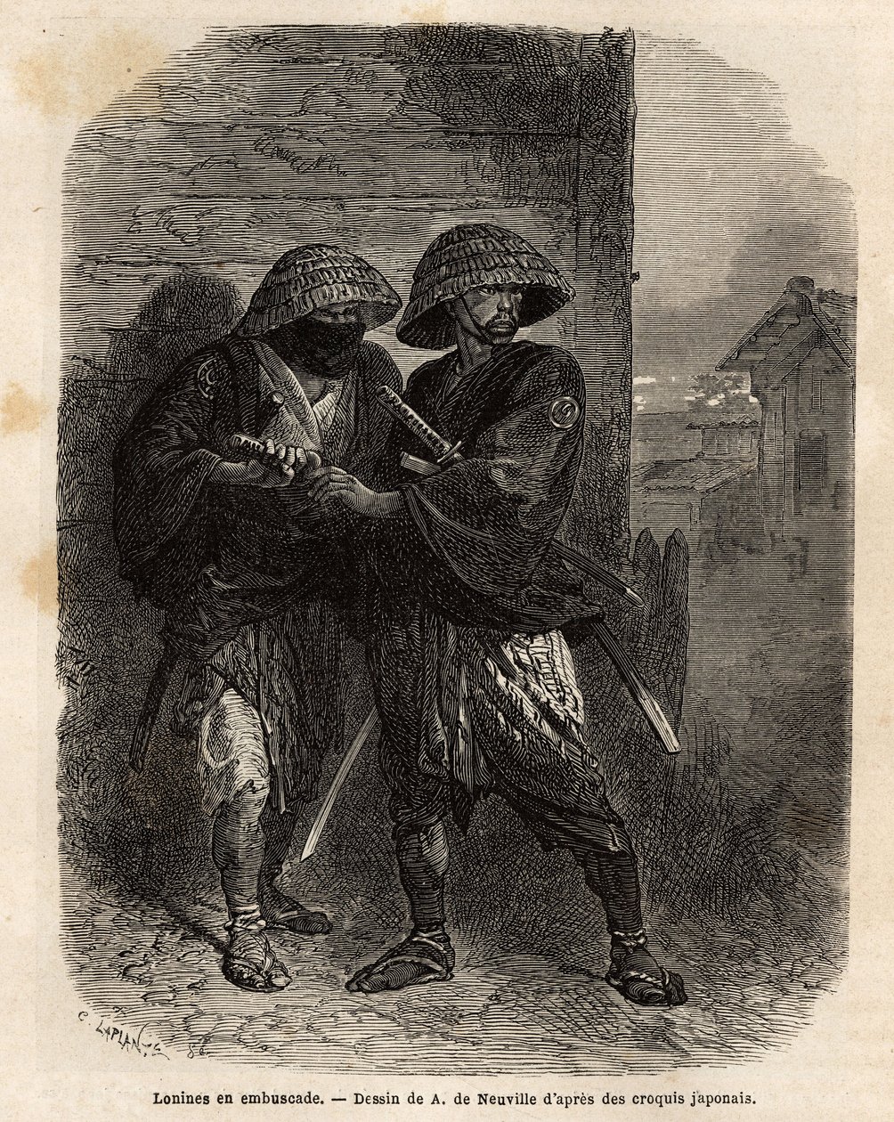 Deux ronins (samouraïs ayant perdu leur maître) en embuscade. Gravure pour illustrer le voyage au Japon, en 1863-1864, par Aimé Humbert, ministre de la Confédération suisse, dans « Le tour du monde, nouveau journal des voyages » publié sous la direction d