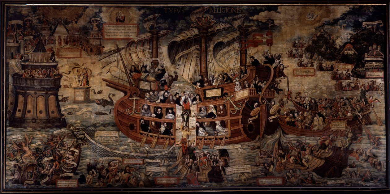 Typus religionis Une allégorie des ordres religieux, la nef de la Foi est dirigée par les ordres religieux, dirigée par les Jésuites. Les fondateurs des divers ordres sont représentés : Saint Ignace de Loyola, fondateur de la Compagnie de Jésus, Saint Fran - Unknown artist
