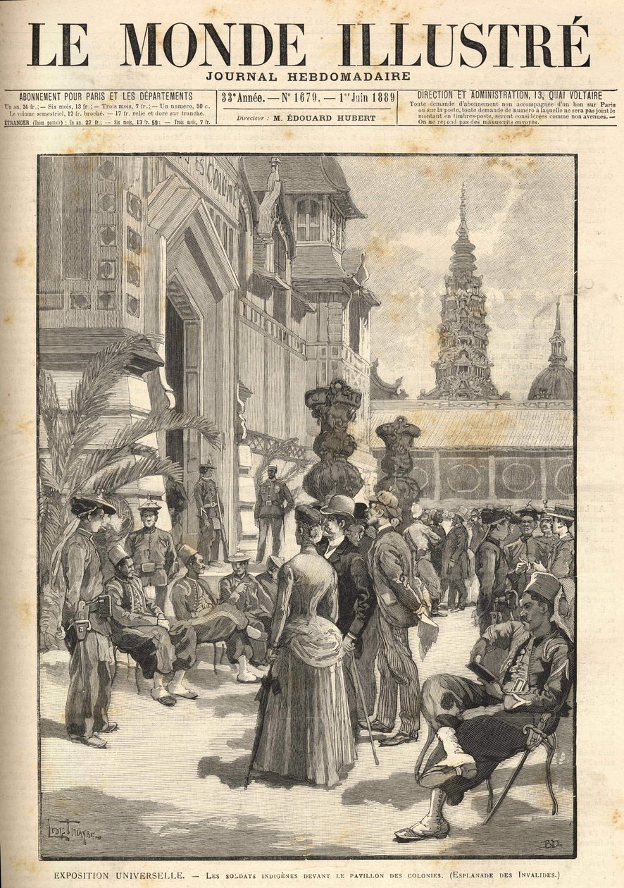 Exposition Universelle 1889 - Soldats indigènes devant le Pavillon Colonial (Esplanade des Invalides). Couverture « Le Monde Illustré » du 01/06/1889 - Unknown artist