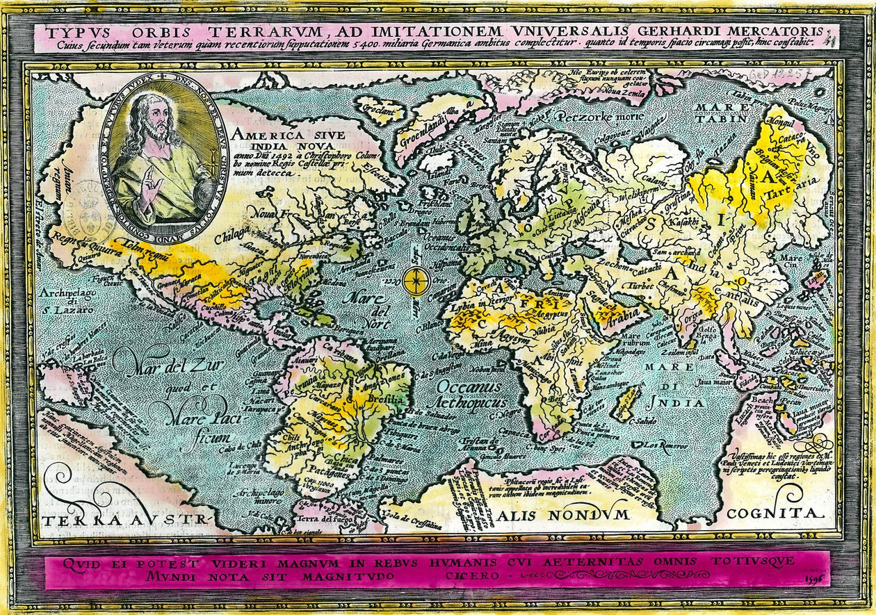 Carte géographique universelle (carte du monde) de 1596. Gravure. - Unknown artist
