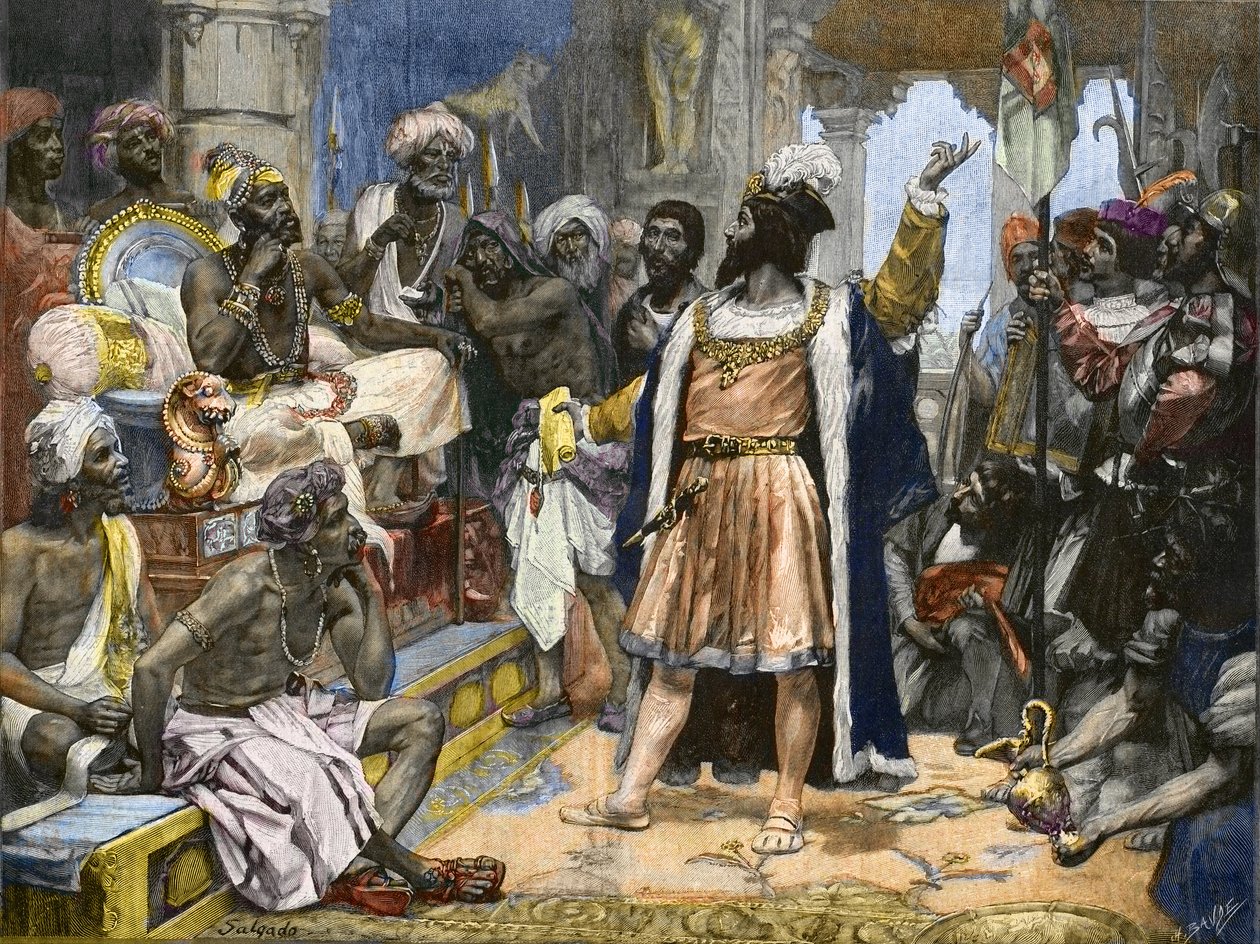 Vasco de Gama remet la lettre du roi Manuel du Portugal au Samorim de Calicut - d