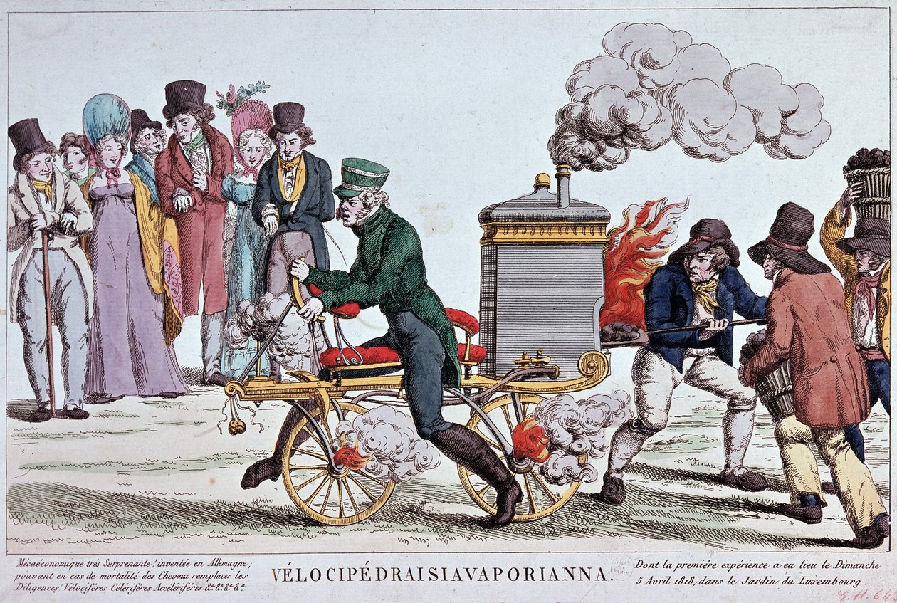 Velocipedraisiavaporianna : vélocipède à vapeur - gravure vers 1818, Bibl. de la ville de Paris. - Unknown artist