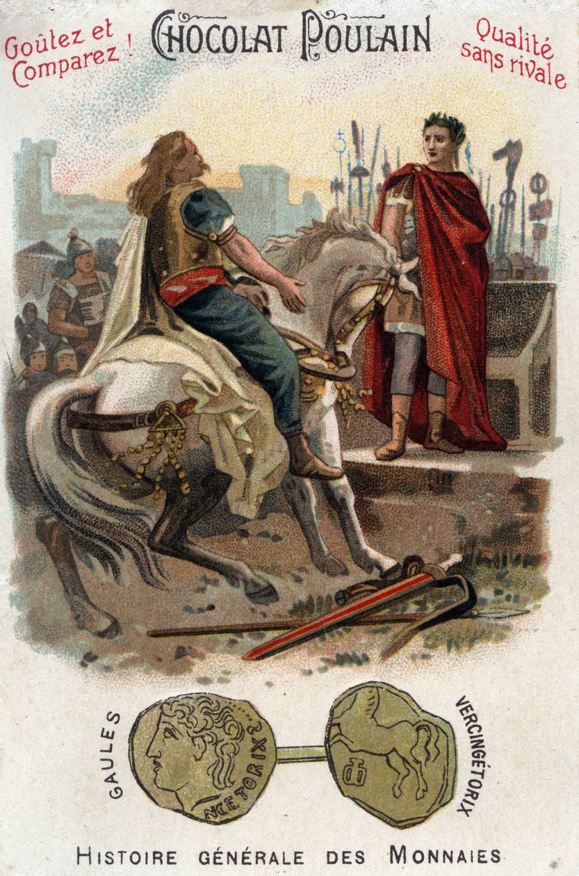Vercingétorix (72-46 av. J.-C.), chef de la rébellion gauloise, dépose les armes aux pieds de César (100-44 av. J.-C.), après avoir définitivement perdu la ville d
