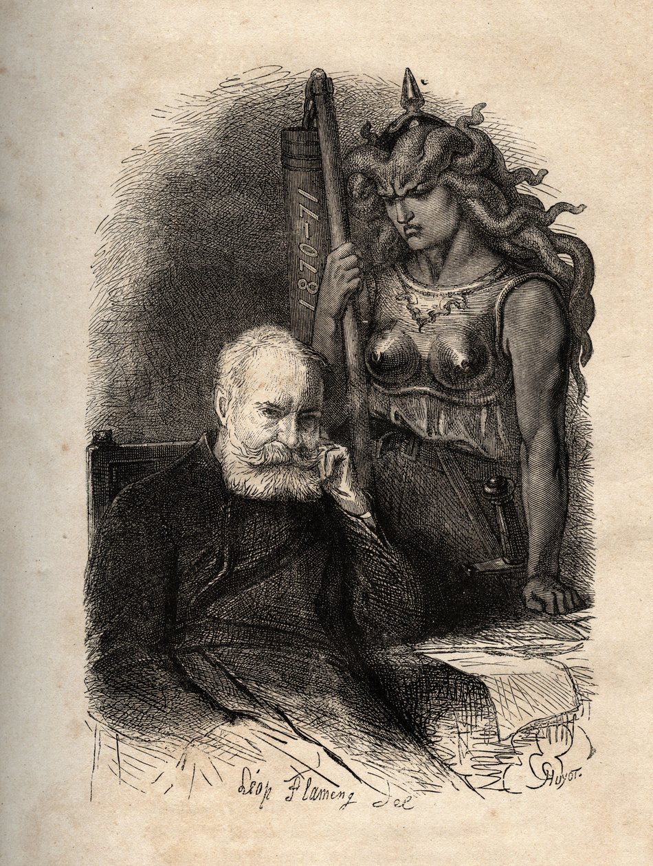Victor Hugo assis avec une déesse de la guerre - gravure de "L