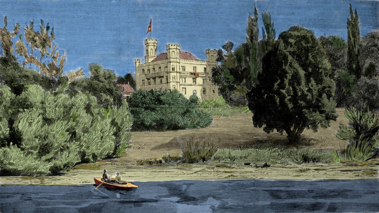 Vue du château de Berg et du lac de Stamberg où le corps de Louis II de Bavière a été retrouvé (Ludwig II von Bayern ou Ludwig Otto Frederik Wilhelm von Wittelsbach (1845-1886)). - Unknown artist