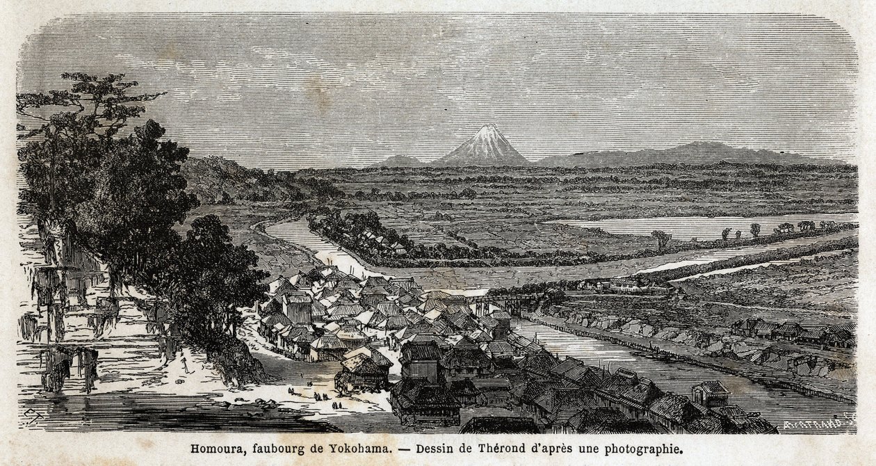 Vue de Homoura, banlieue de Yokohama, avec le mont Fuji en arrière-plan. Gravure pour illustrer le voyage au Japon en 1863-1864, par Aimé Humbert, ministre de la Confédération suisse, dans "Le tour du monde, nouveau journal des voyages", publié sous la dir - Unknown artist