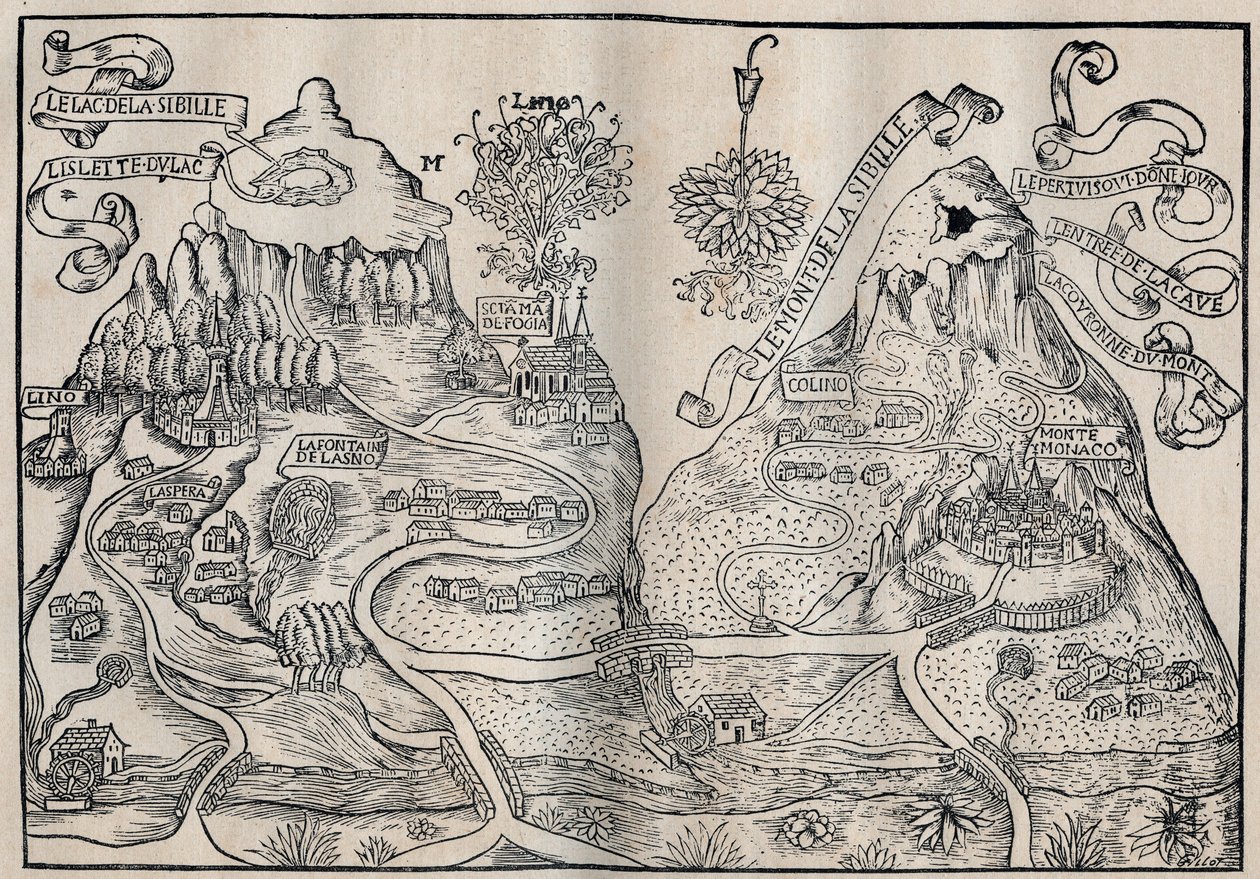 Vue du Mont Sibille (Paradis de la Reine Sybille) (Double carte du Mont Pilate et du Mont Sibylle) - Antoine de La Sale (La Salle) écrivain satirique français du 15ème siècle - Unknown artist