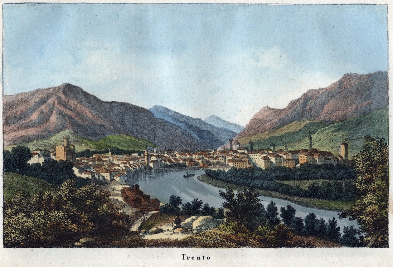 Vue de Trente (Tyrol du Sud, Italie) - 19e siècle - gravure de "Usi e Costumi di Tutti i Popoli dell