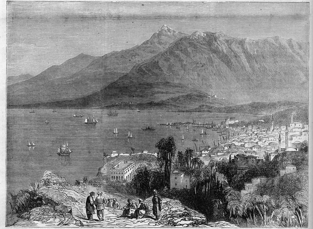 Vue du port de Beyrouth et des montagnes du Liban. Gravure dans "L