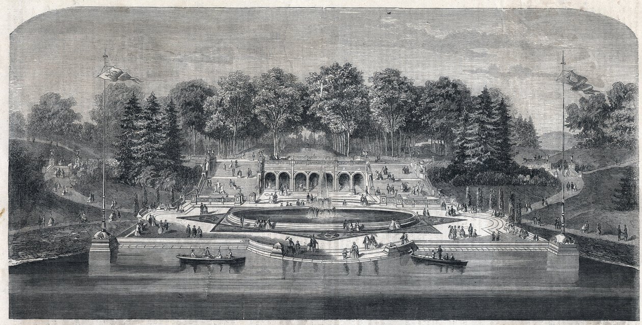 Vue du jardin « Central Park » à New York, États-Unis. Architecture par Frederick Law Olmsted (1822-1903) et (1824-1895) dans le quartier de Manhattan. Gravure dans « L