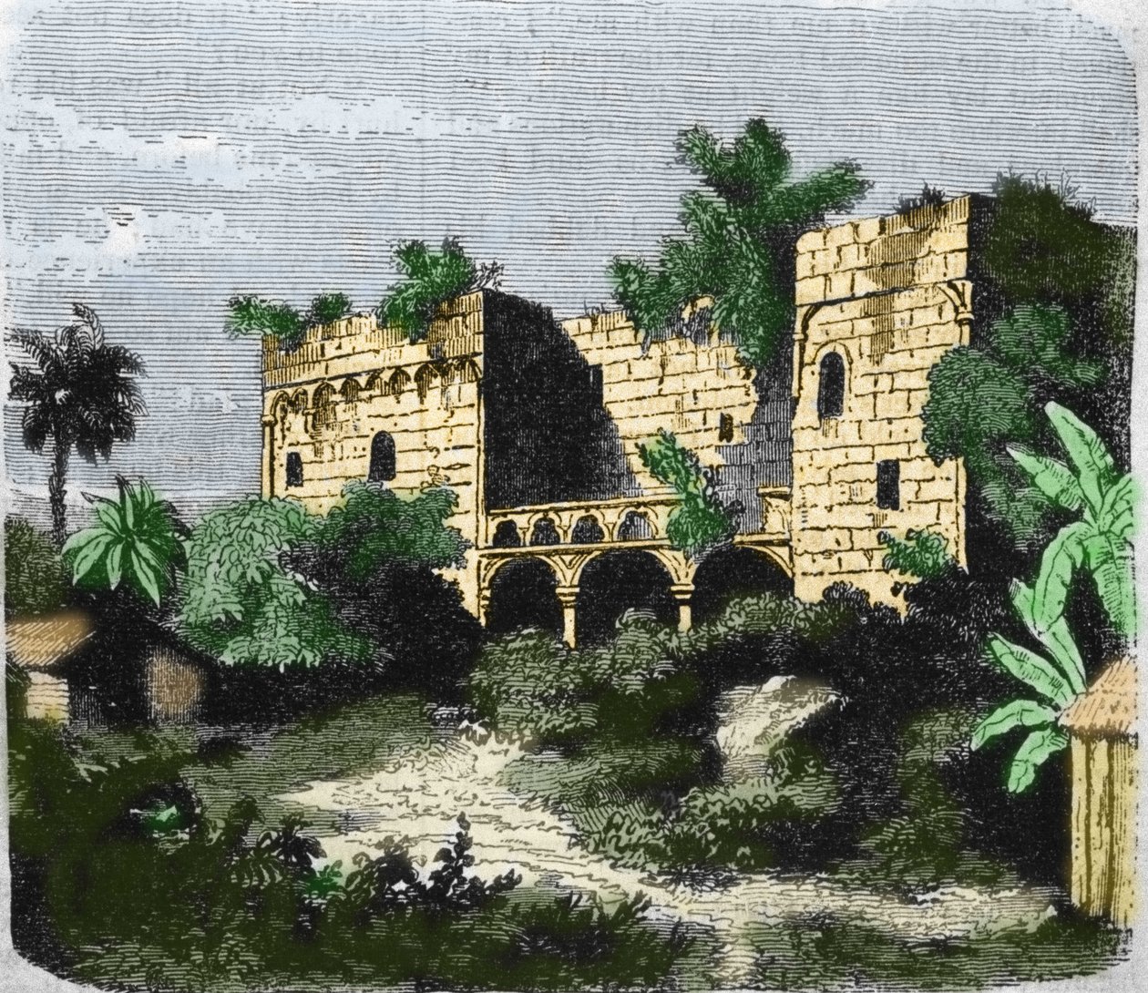 Vue de la maison "Alcazar de Colón" construite par Christophe Colomb pour son fils Diego Colomb (Diego Colon y Moniz) (1480-1526), sur une île de Saint-Domingue. Gravure du 19ème siècle - Unknown artist