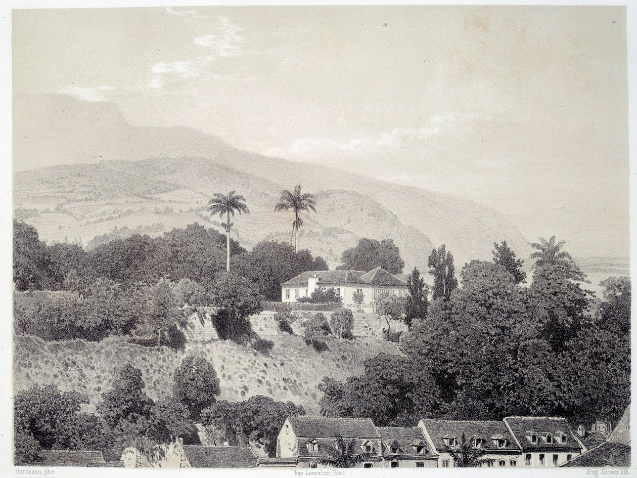 Vue des maisons prises du Boulevard de la Comédie à Saint Pierre en Martinique aux Antilles. Estampe d