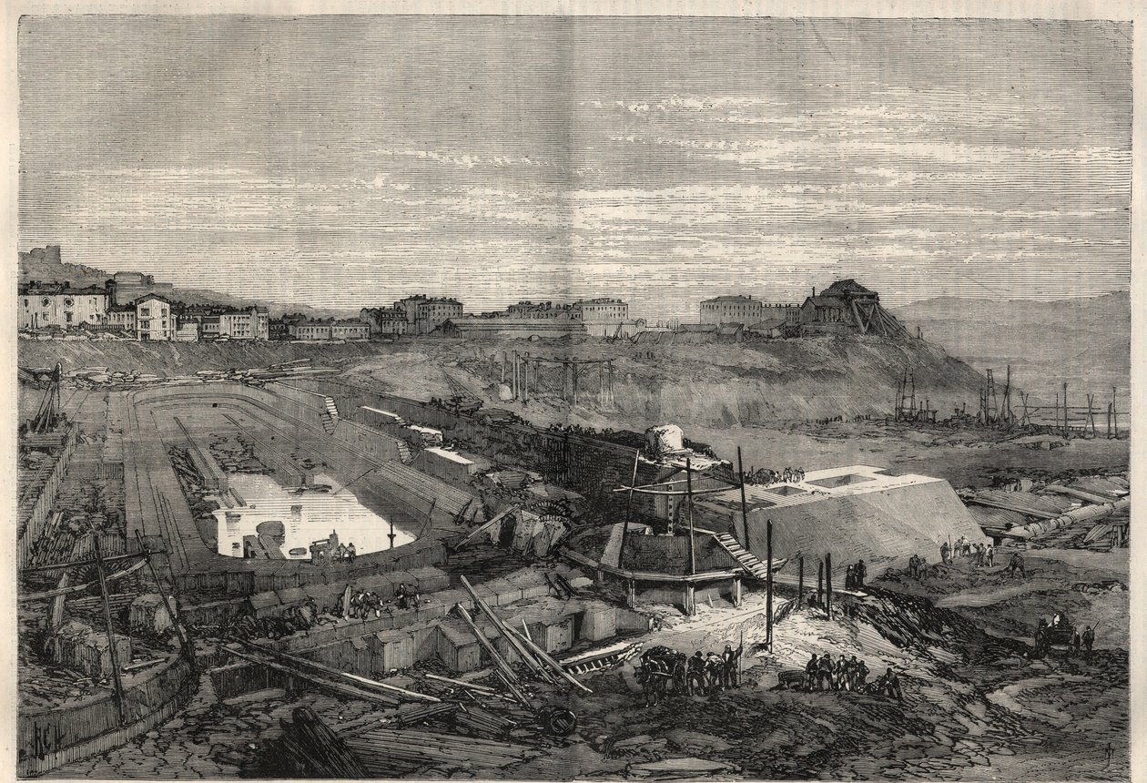 Vue des nouveaux docks construits par le gouvernement italien dans le port de La Spezia. Gravure dans L