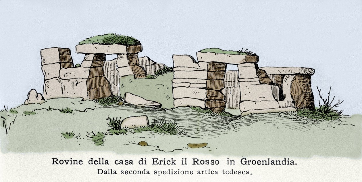 Viking : vue des ruines de la maison du Norvégien Erik le Rouge au Groenland (illustration du 19e siècle) - Unknown artist