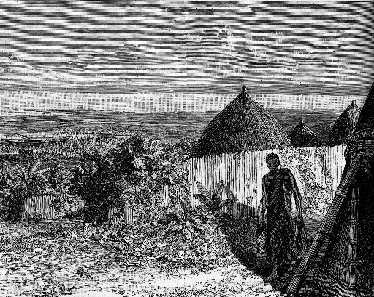 Village sur les rives du lac Albert Nyanza (ou lac Albert), Afrique. Gravure dans "Le Journal de la jeunesse" - Unknown artist
