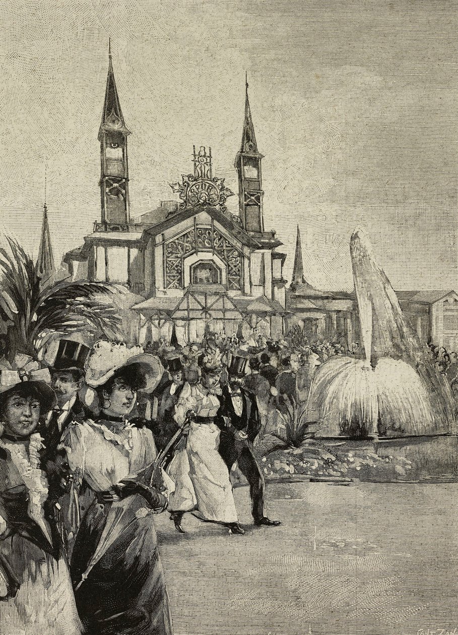 Visiteurs devant le Sport Building à United Exhibitions, Milan, Italie, dessin de M Bianchini tiré de L