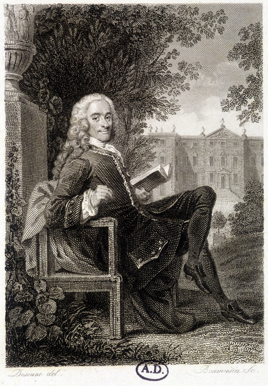 Voltaire lisant dans un parc - gravure - Unknown artist