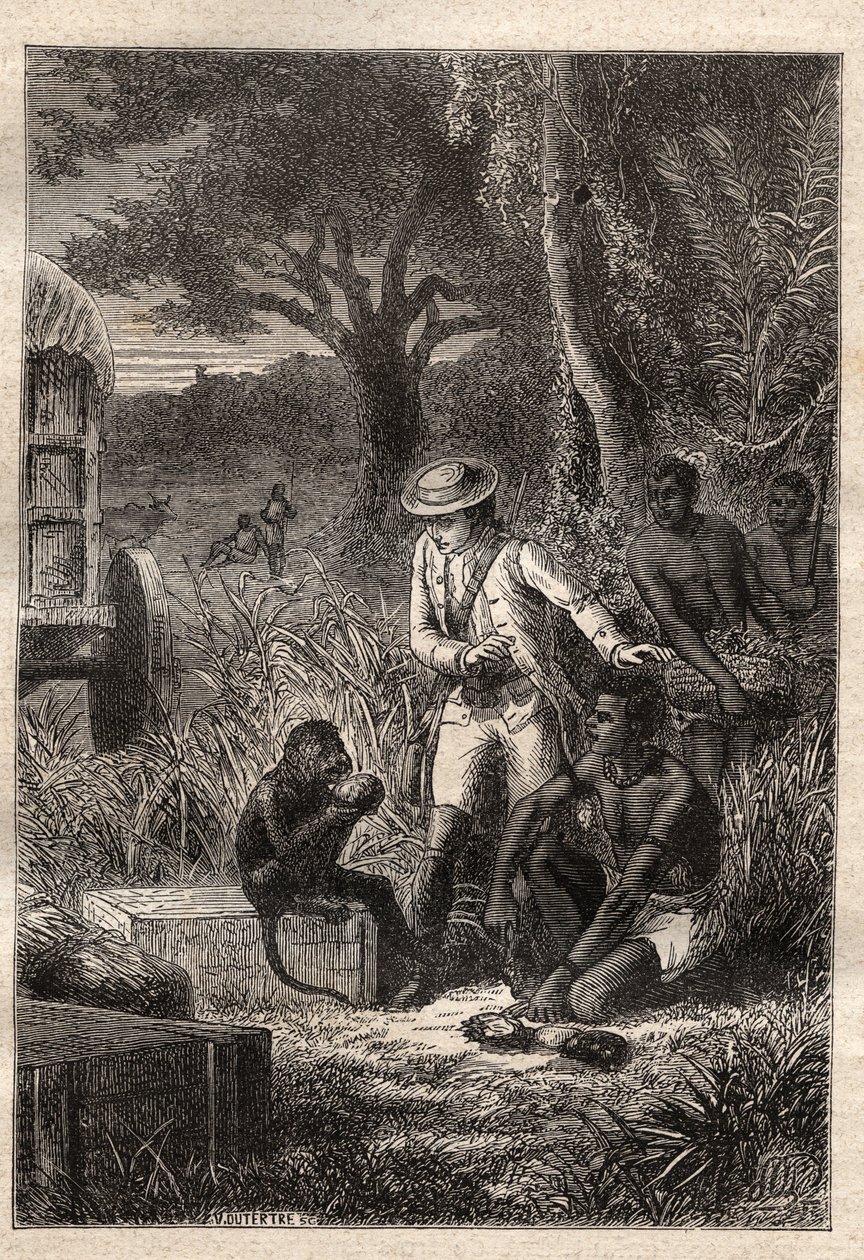 Voyage dans la Cafrerie (Afrique du Sud) (1781) par François Levaillant (Le Vaillant) (1753-1824) : Levaillant et son singe dégustateur Maître Kees, qui goûte les fruits et racines pour vérifier qu