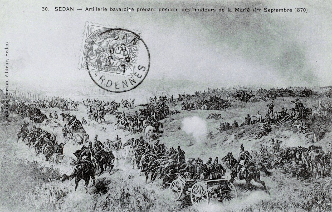 Guerre de 1870 : artillerie bavaroise prenant position depuis les hauteurs de la Marfe dans les Ardennes le 01/09/1870 - Unknown artist