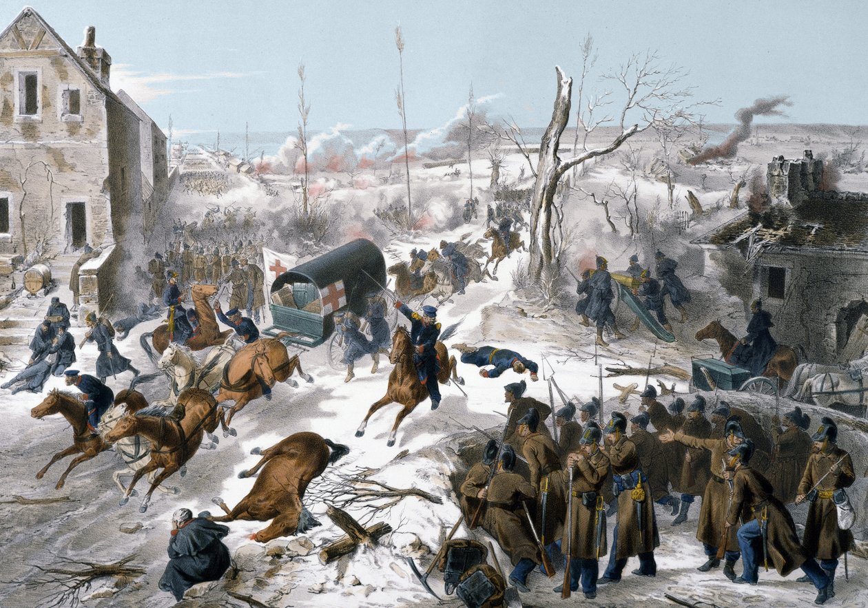 Guerre de 1870 entre la France et la Prusse : Croix-Rouge pendant la bataille de Bapaume dans le Pas-de-Calais les 2 et 3 janvier 1871, victoire de l