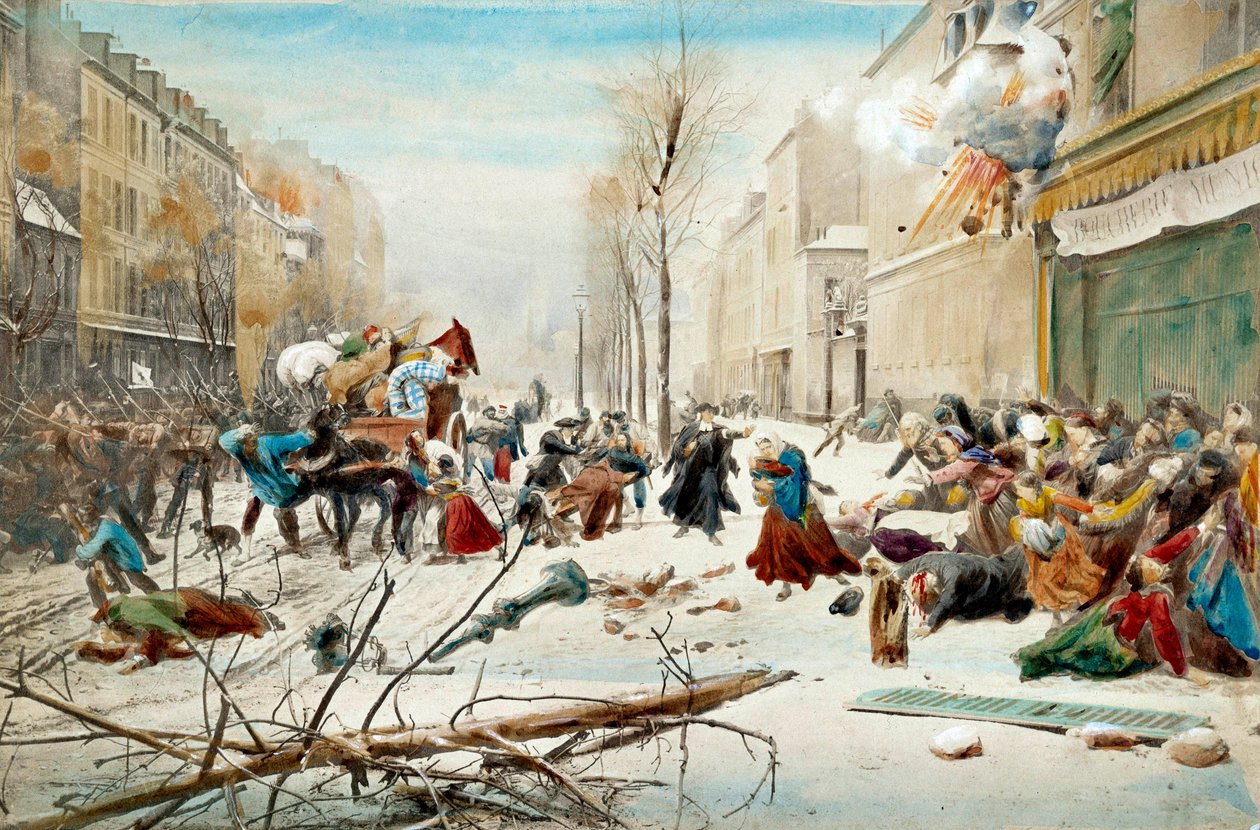 Guerre de 1870 : le siège de Paris en 1870, bombardement par les Prussiens. Les habitants de Paris quittent les zones bombardées sous la neige. Aquarelle du 19ème siècle. Paris, Musée de l