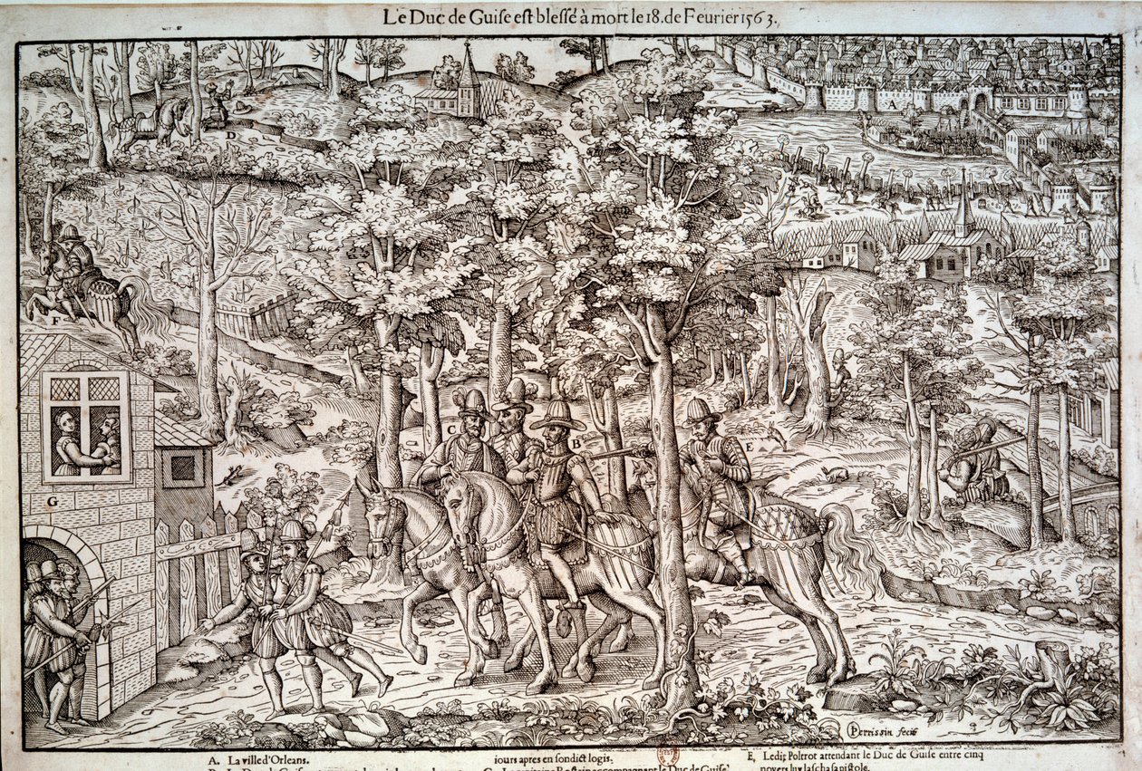 Guerres de religion 1562-1598 : Assassinat de François Ier de Lorraine (1519-1563) deuxième duc de Guise le 18/02/1563. Chef catholique, il fut tué par le calviniste Jean de Poltrot de Méré ou Méréy. Gravure du XVIe siècle - Unknown artist