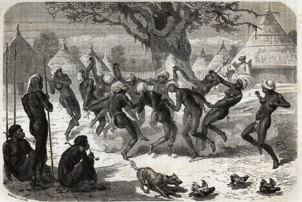 Danse de bienvenue par les femmes de la tribu, au retour de Baker et de sa femme du lac Albert (Albert Nyanza). Gravure pour illustrer le voyage au lac Albert, en 1861-1864, de Sir Samuel White Baker, dans Le tour du monde, nouveau journal des voyages - Unknown artist
