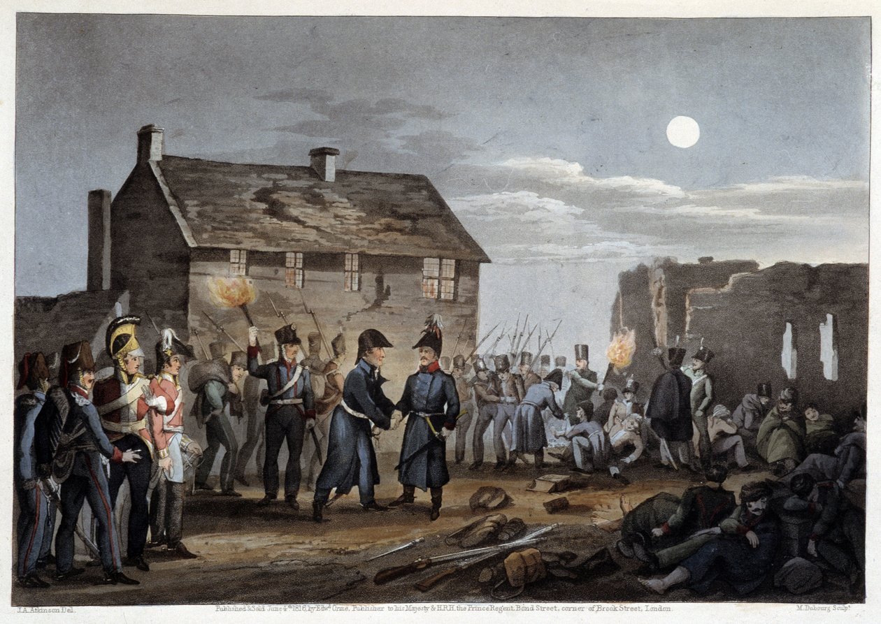 Wellington et Blücher se rencontrant par hasard à Waterloo - dans « Anecdotes historiques, militaires et navales et incidents survenus aux armées de Bretagne et leurs alliés, se terminant à Waterloo » par Edward Orme, ill. par Atkinson, Londres - Unknown artist