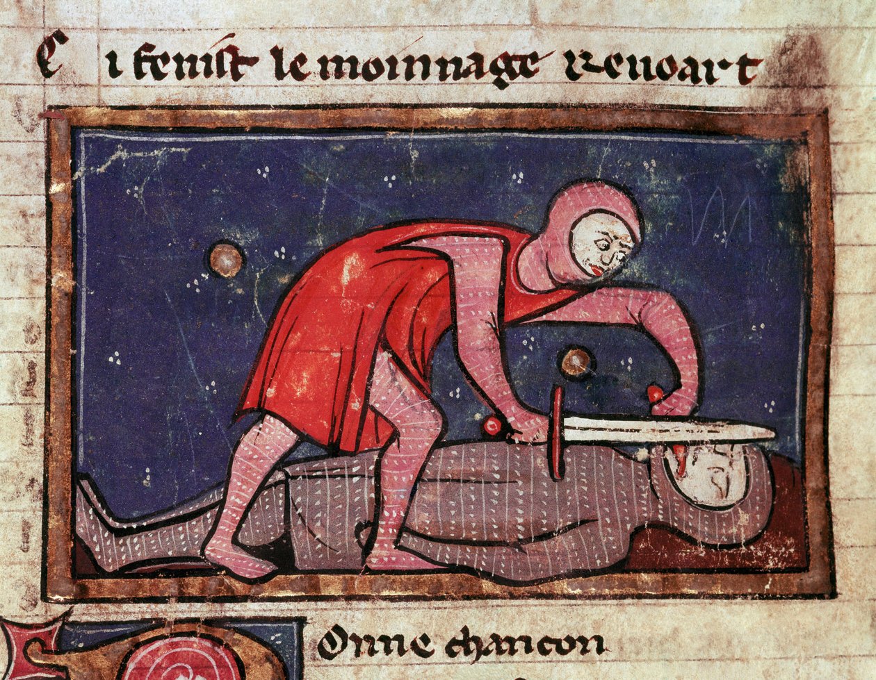 Guillaume V de Poitiers dit le Grand (960-1030) coupe la langue de son ennemi le comte Boson II de la Marche (988-1008) en 1008 Miniature tirée de « Le moinage de Guillaume » (ms. 1025) 13ème siècle Milan, Biblioteca Trivulziana - Unknown artist