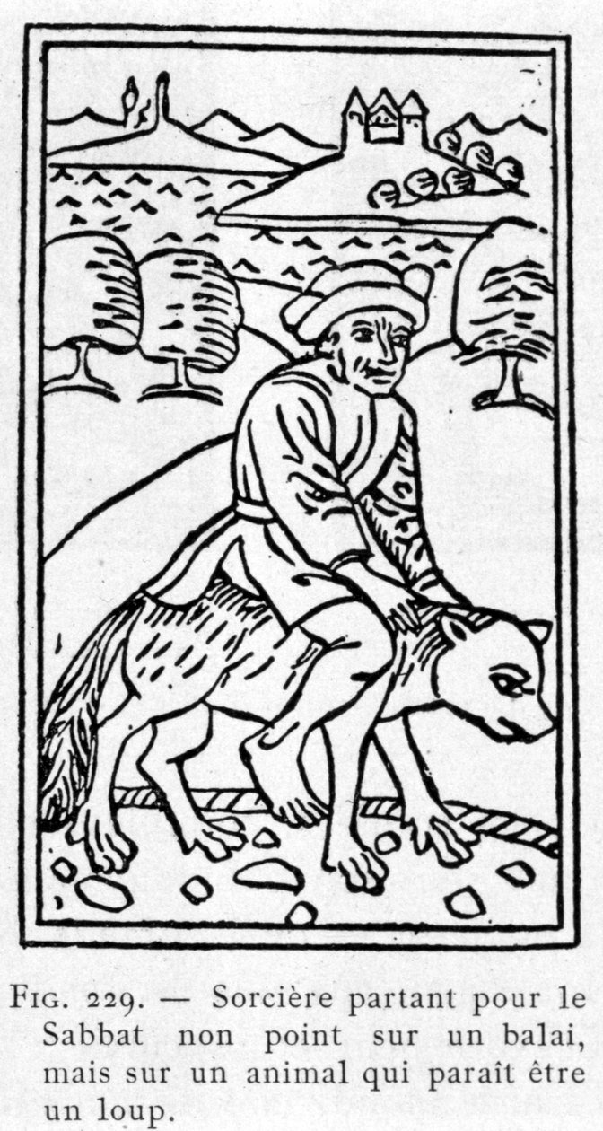 Sorcière partant pour le sabbat non pas sur un balai, mais sur un animal qui semble être un loup - Unknown artist
