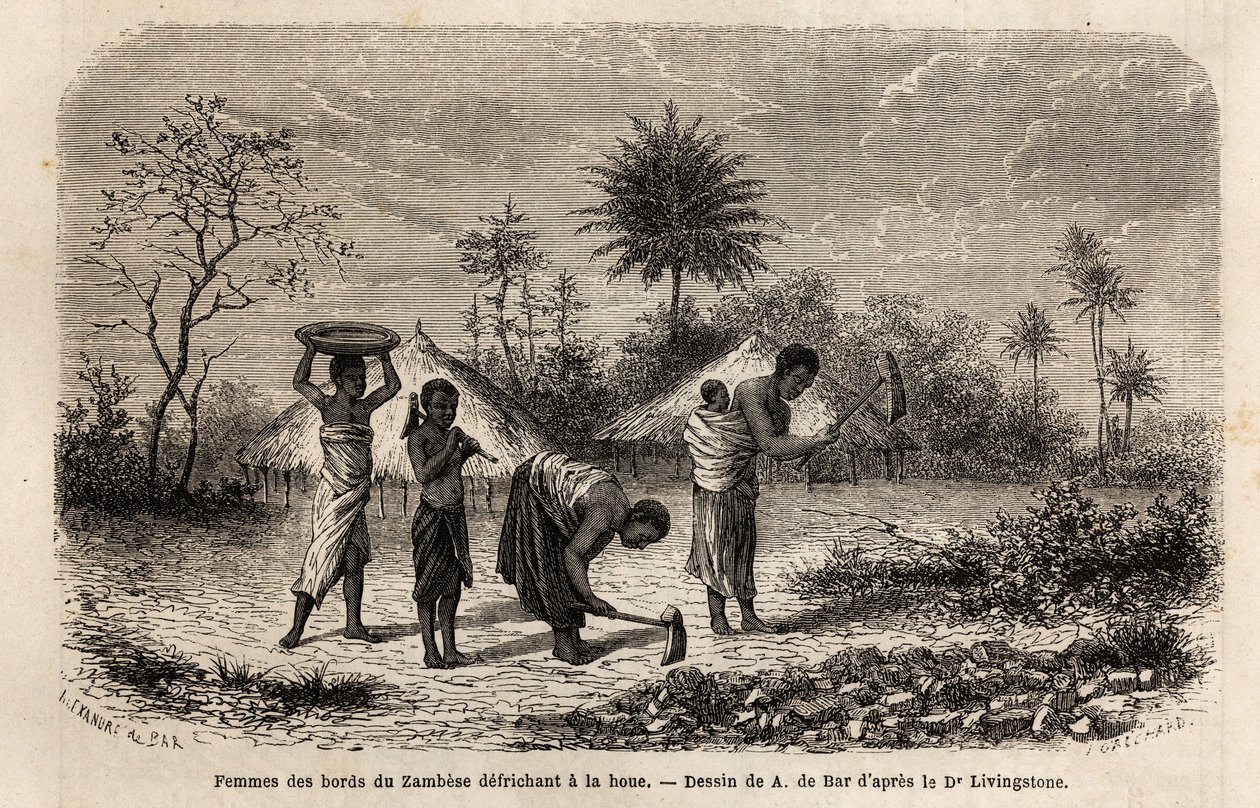 Femmes des rives du Zambèze défrichant une houe, et initiant les enfants au travail agricole. Gravure pour illustrer les premiers voyages du Dr Livingstone en Afrique australe de 1840 à 1856, dans « Le tour du monde, nouveau journal des voyages » publié so - Unknown artist