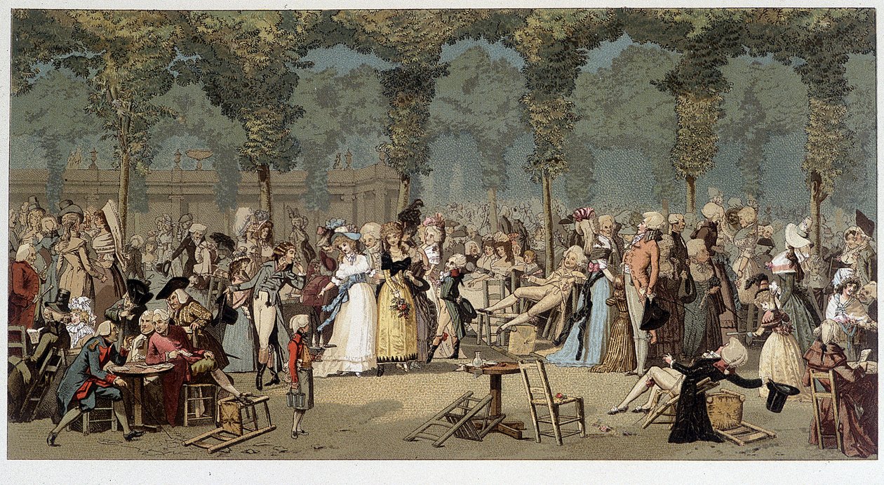 Promenade mondiale à travers les jardins du Palais Royal, fin 18ème siècle - chromo d