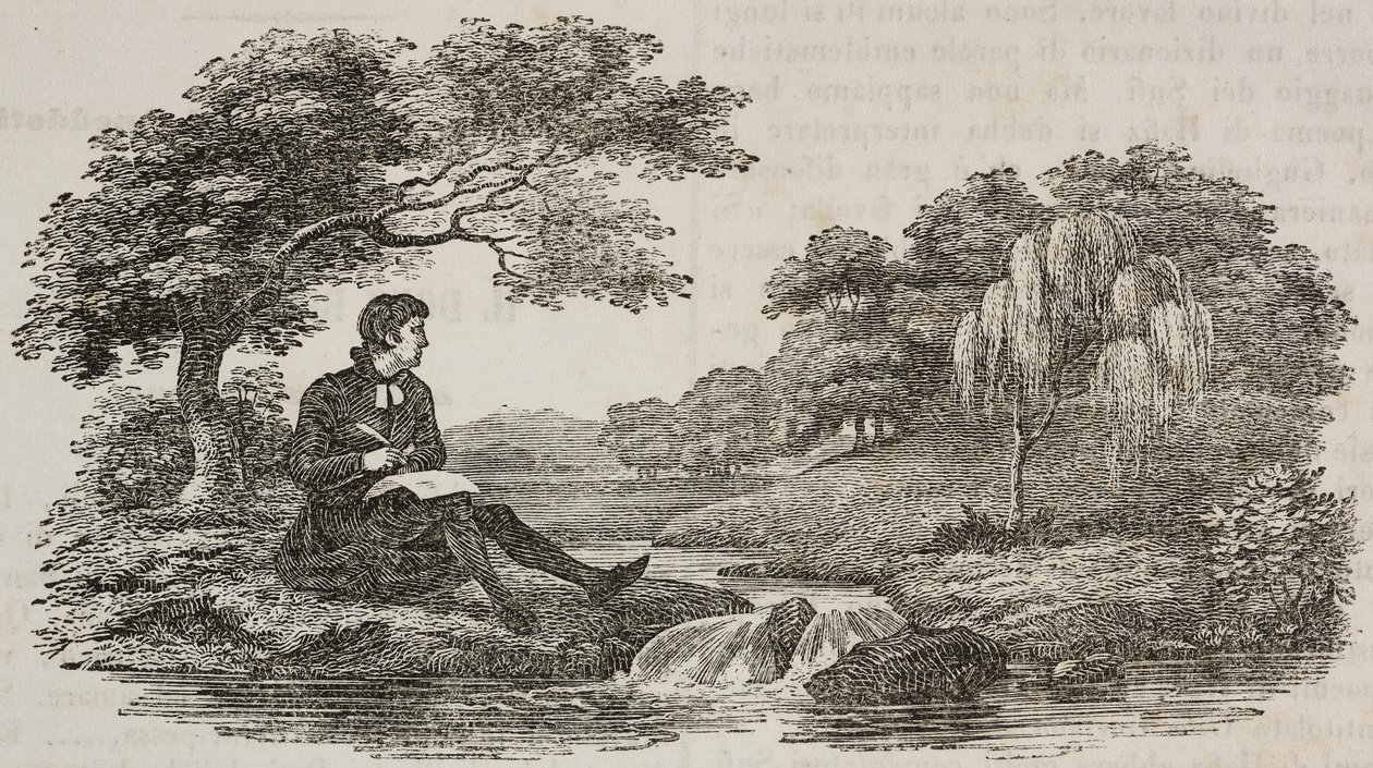 Écrivain sous un arbre devant un ruisseau, illustration de Teatro universale, Raccolta enciclopedica e scenografica, No 575, 19 juillet - Unknown artist