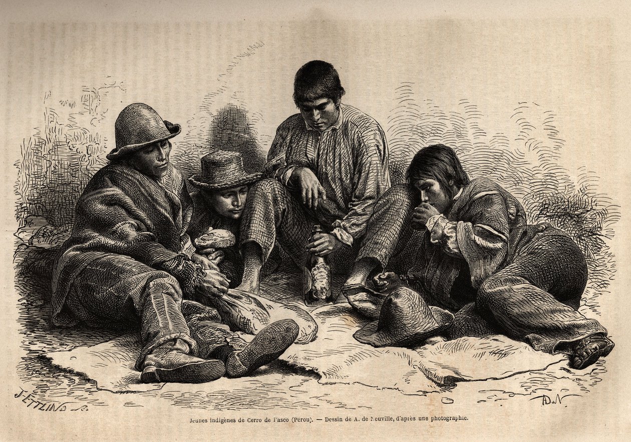Jeunes Indiens de Cerro de Pasco (centre du Pérou), se rassemblent pour le petit déjeuner. Gravure pour illustrer Les îles Chincha, rect par L. Simonin, en 1860, publié dans "Le tour du monde, nouveau journal des voyages", édité par Edouard Charton - Unknown artist