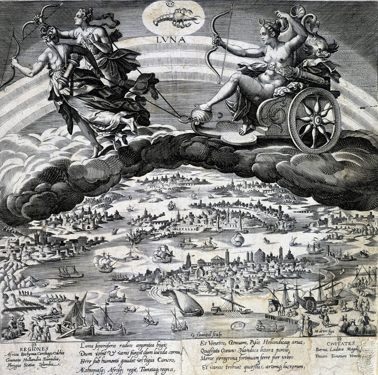 Signe du zodiaque Cancer. Lune, représentation du char de Sémélée. Gravure du 19e siècle. - Unknown artist