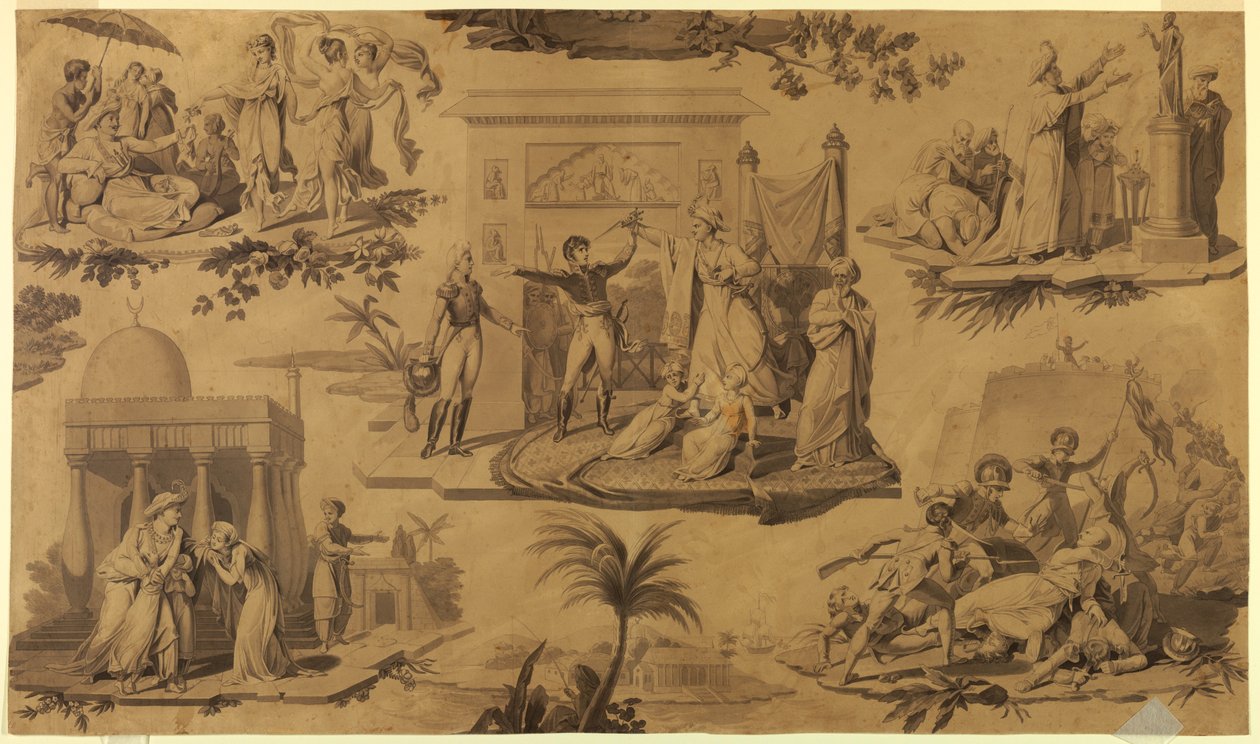 Dessin, caricature pour un textile de coton imprimé : Les Français en Egypte, vers 1815 - Unknown artistUnknown artist