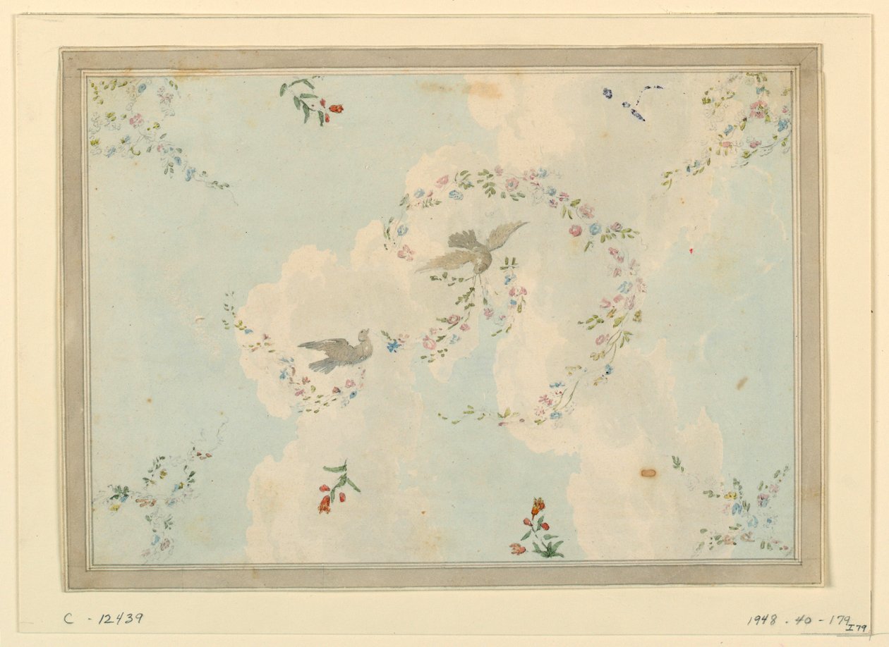 Dessin, motif de plafond avec colombes et guirlandes de fleurs, peut-être pour le hall d