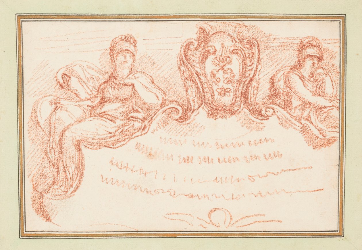 Dessin, détail du plafond avec deux personnages assis et un écusson, vers 1759-70 - Unknown artistUnknown artist