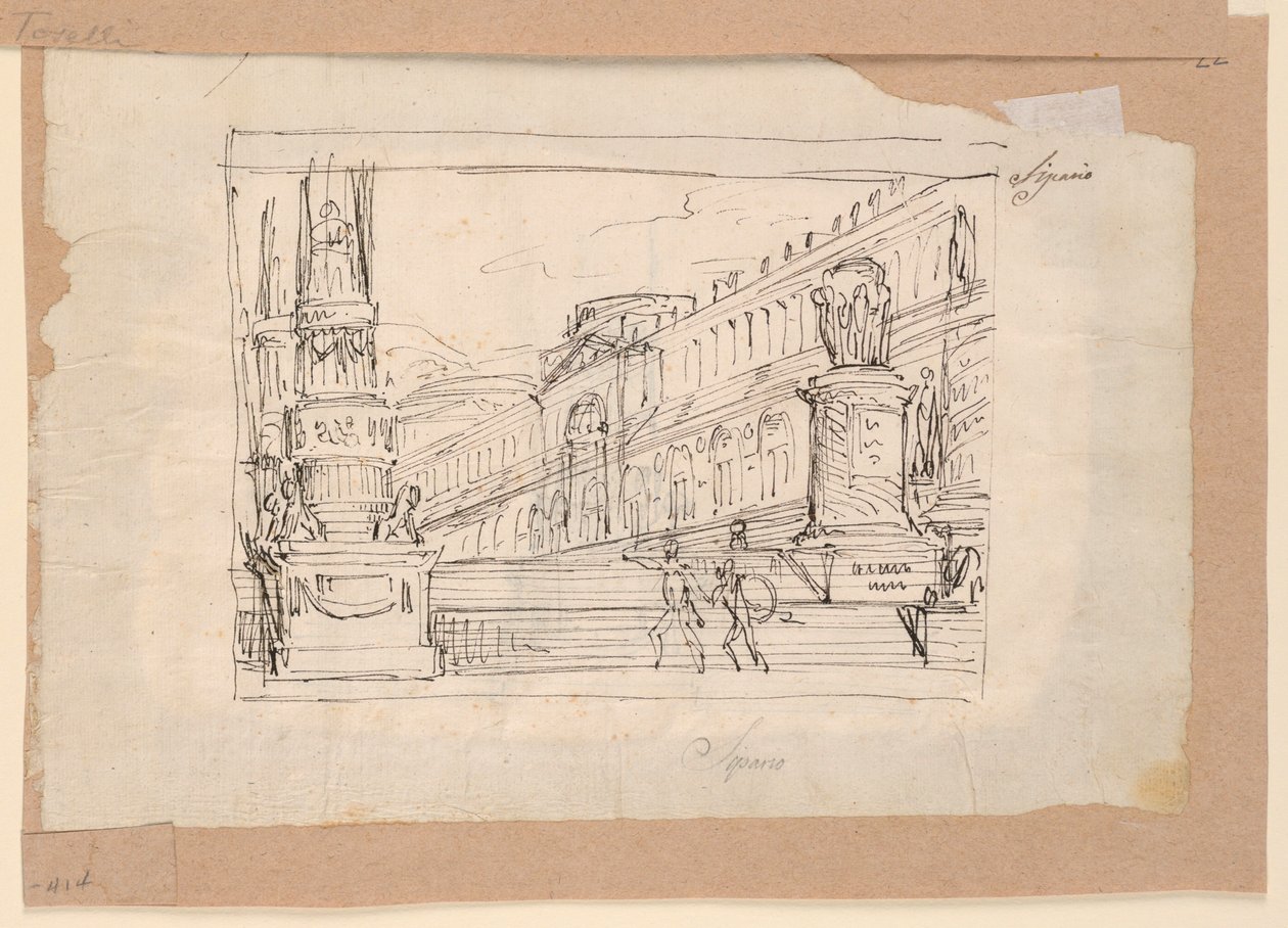 Dessin, motif de rideau, soldats sur une volée de marches, début du XIXe siècle - Unknown artistUnknown artist