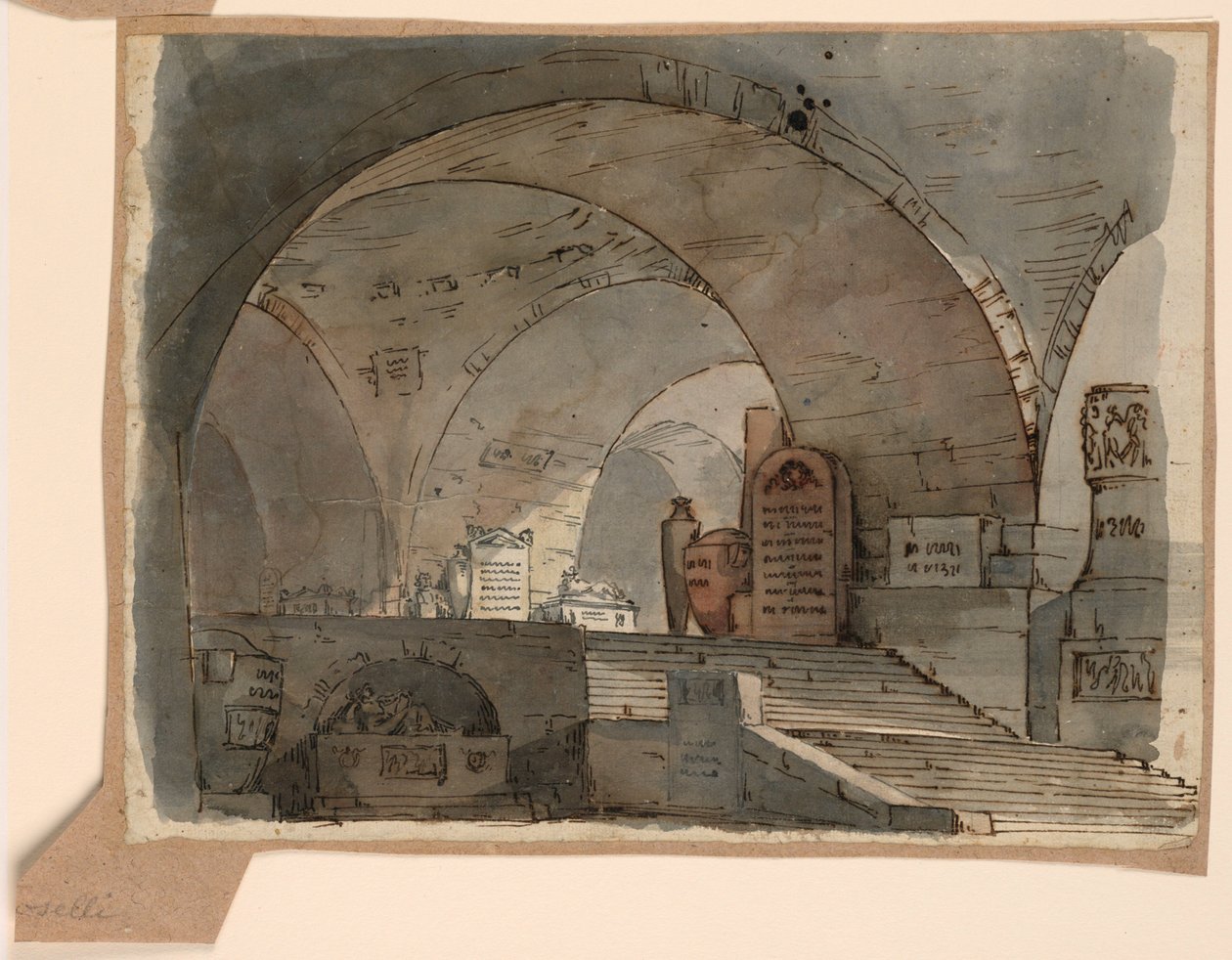 Dessin, scénographie, espace souterrain voûté avec des tombes, début du 19e siècle - Unknown artistUnknown artist