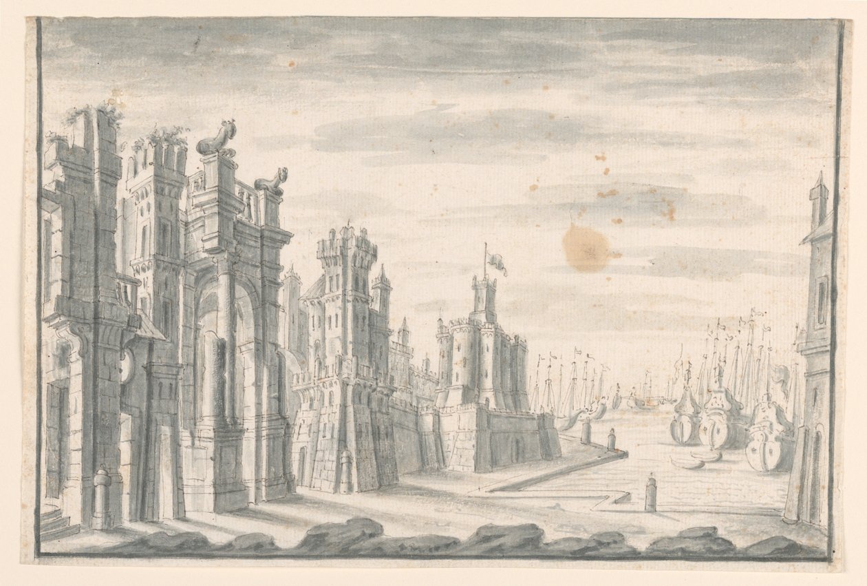 Dessin, Scénographie, Vue de la ville et du port, début du 18e siècle - Unknown artistUnknown artist