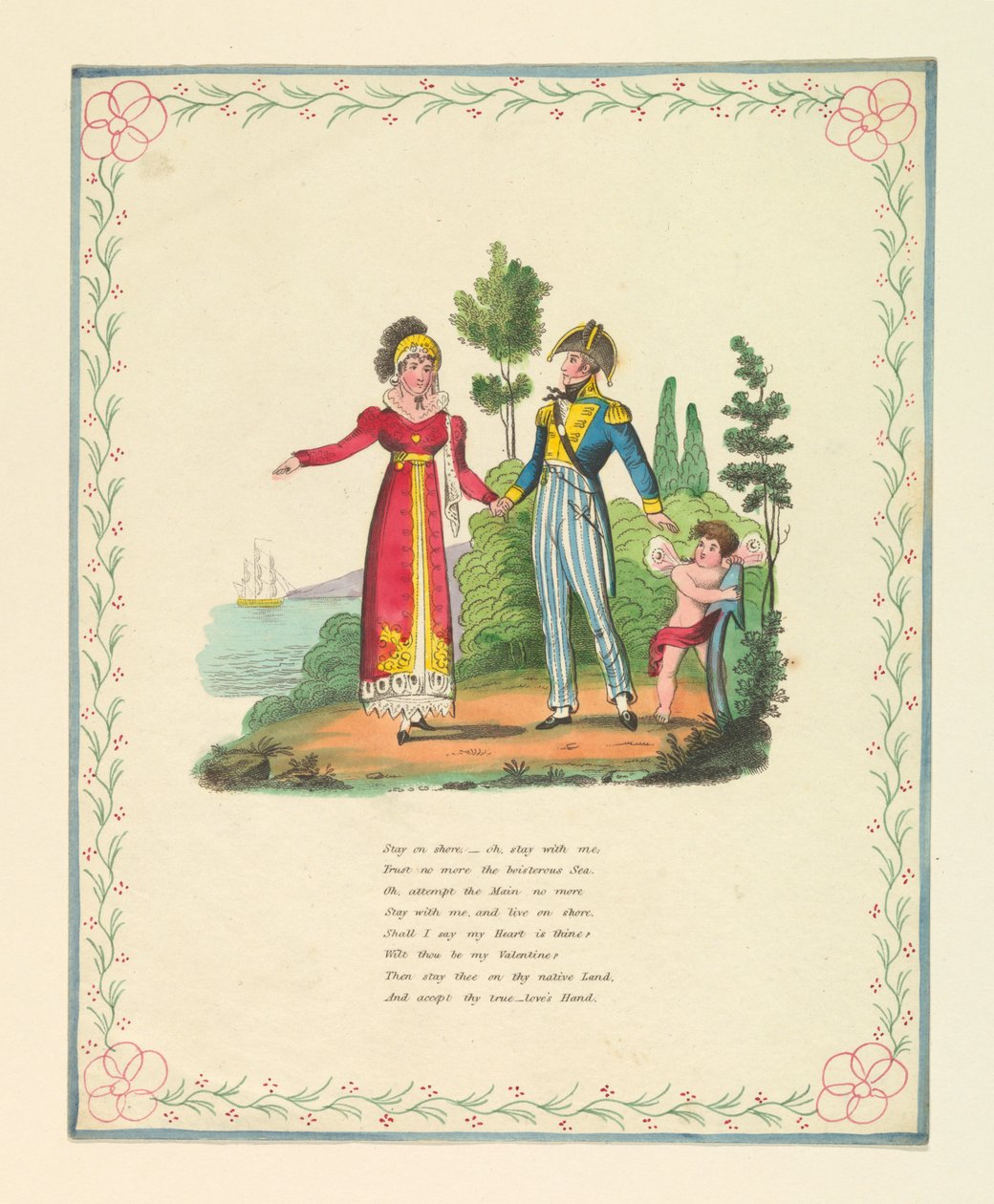 Carte de vœux, "Stay on shore, - oh, stay with me...", vers 1821 - Unknown artistUnknown artist