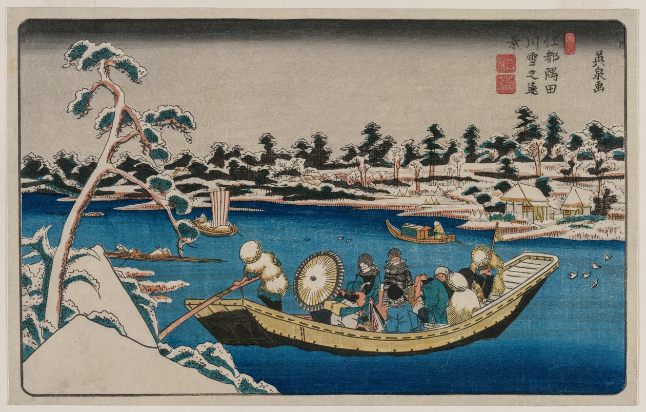 Vue lointaine de la neige sur la rivière Sumida à Edo - Unknown artist