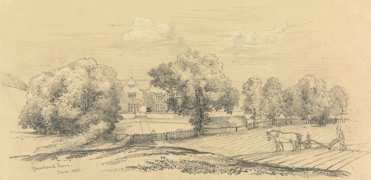 Une Ferme avec un Fermier et son Cheval et Charrue au Premier Plan - Unknown artist
