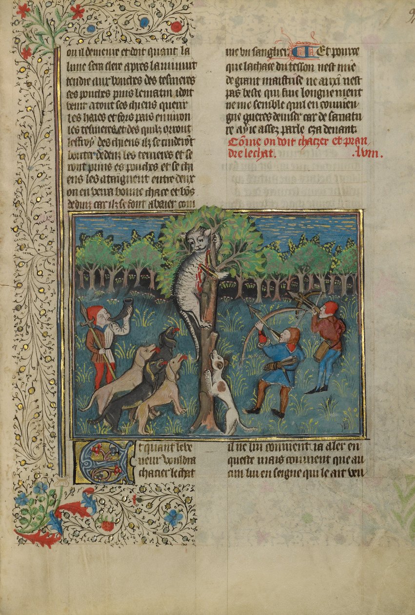 Un chasseur et des chiens attaquent un chat sauvage arboré - Unknown artist
