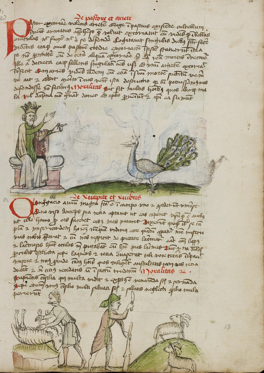 Un roi trônant parlant à un paon ; un berger tuant un bélier ; un berger avec un bâton et un couteau devant deux chèvres. - Unknown artist