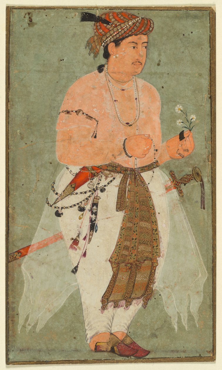 Un prince moghol, peut-être Danyal, tenant une branche de fleurs - Unknown artist